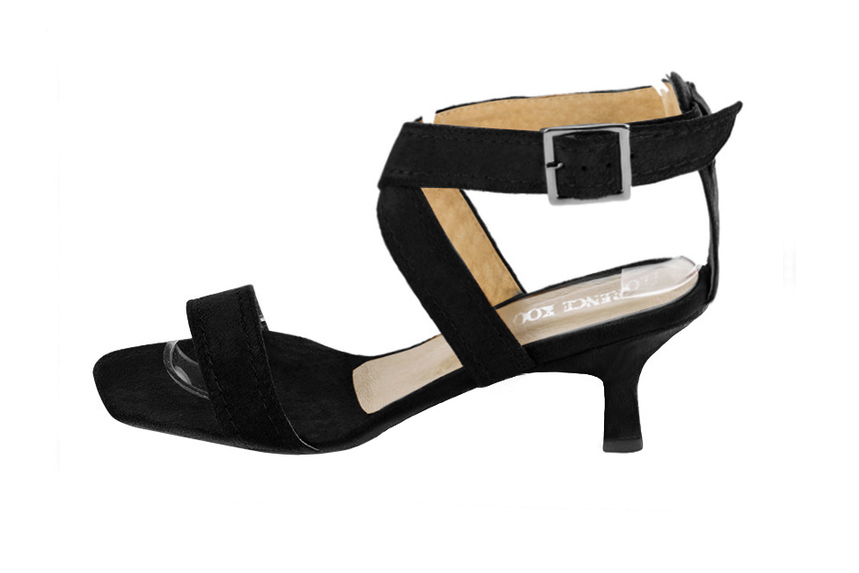 Women's matt black elegant fully open cross straps sandals. Square toe. Medium spool heels - Profile view